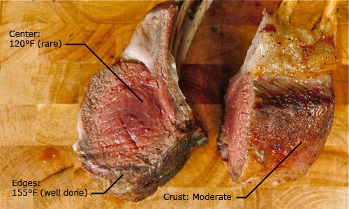 Markers illustrating gradient temperatures of center (120°F, rare), edge (155°F, well done), and crust portions of lamb chop