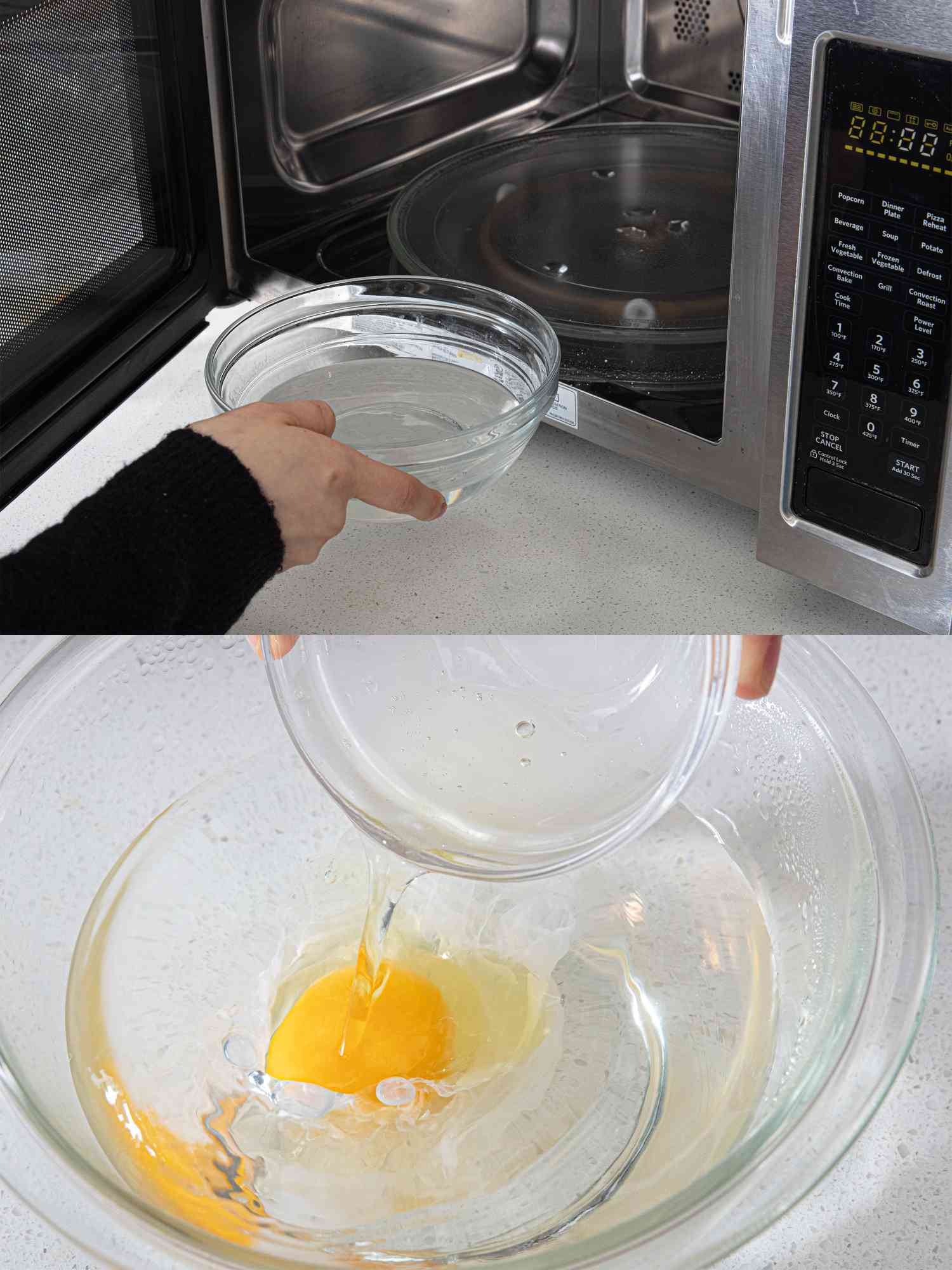 Two image collage of microwaving eggs