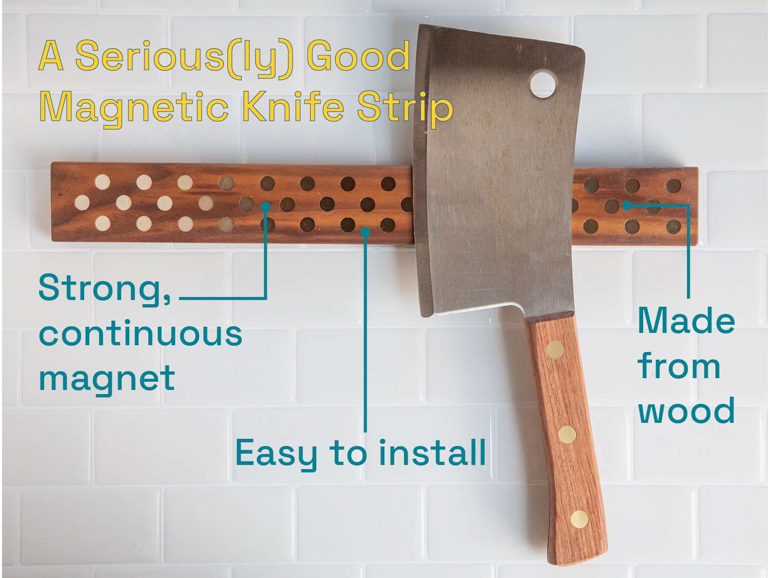 A magnetic knife strip with a cleaver on it and text points positioned around it