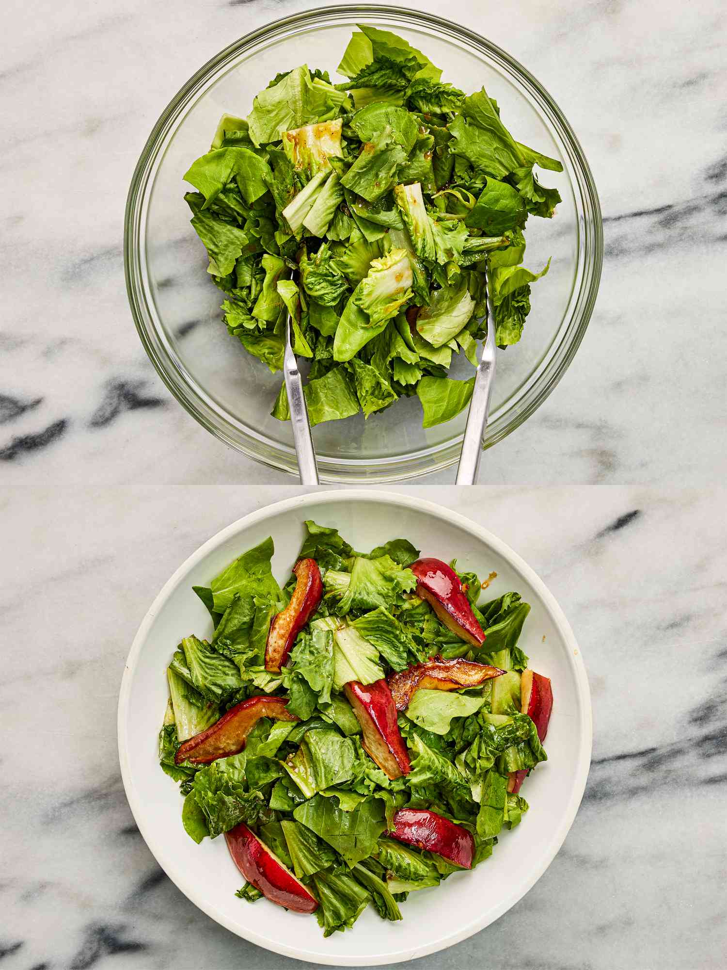 Two image collage of dressing salad