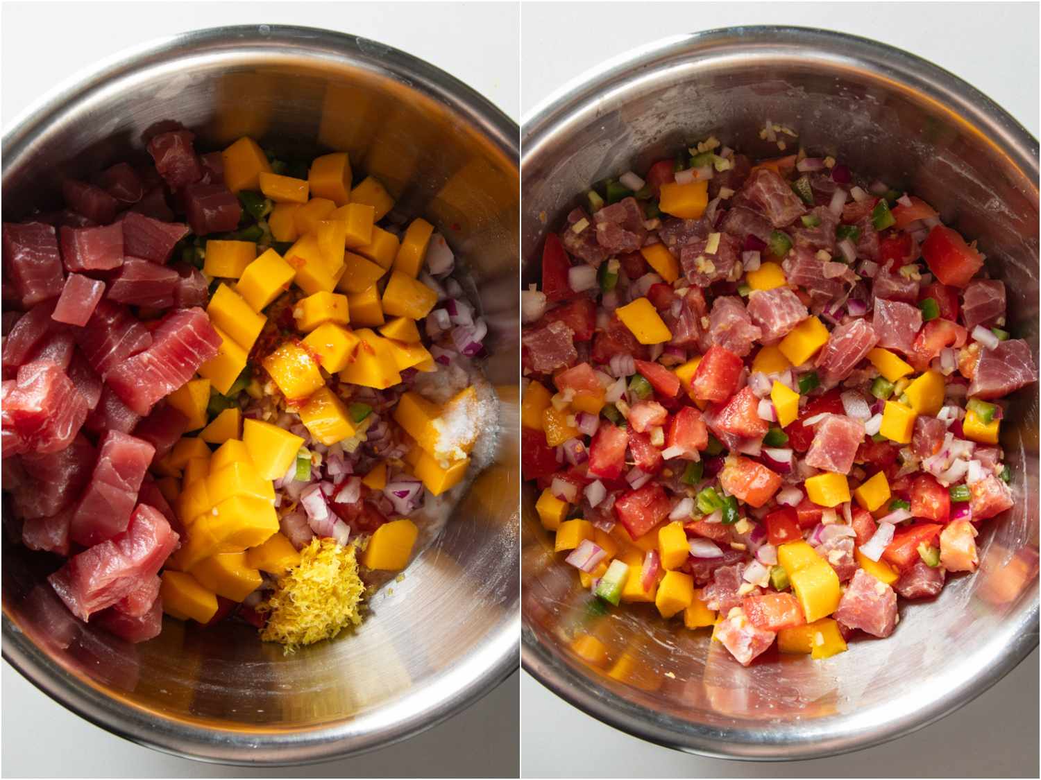 collage: ingredients for kinilaw in a stainless steel bowl