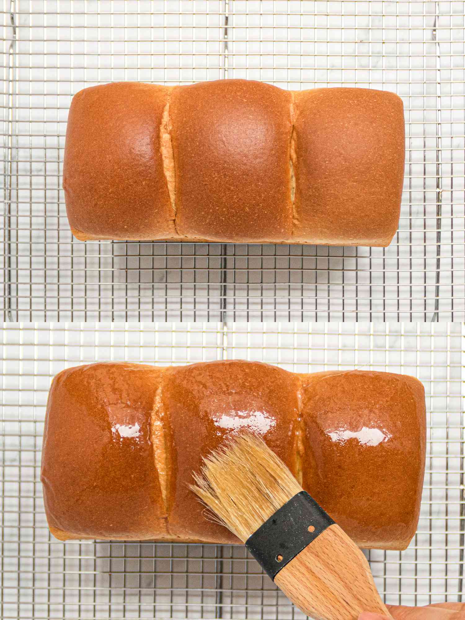 Two image collage of domed bread and butter being added