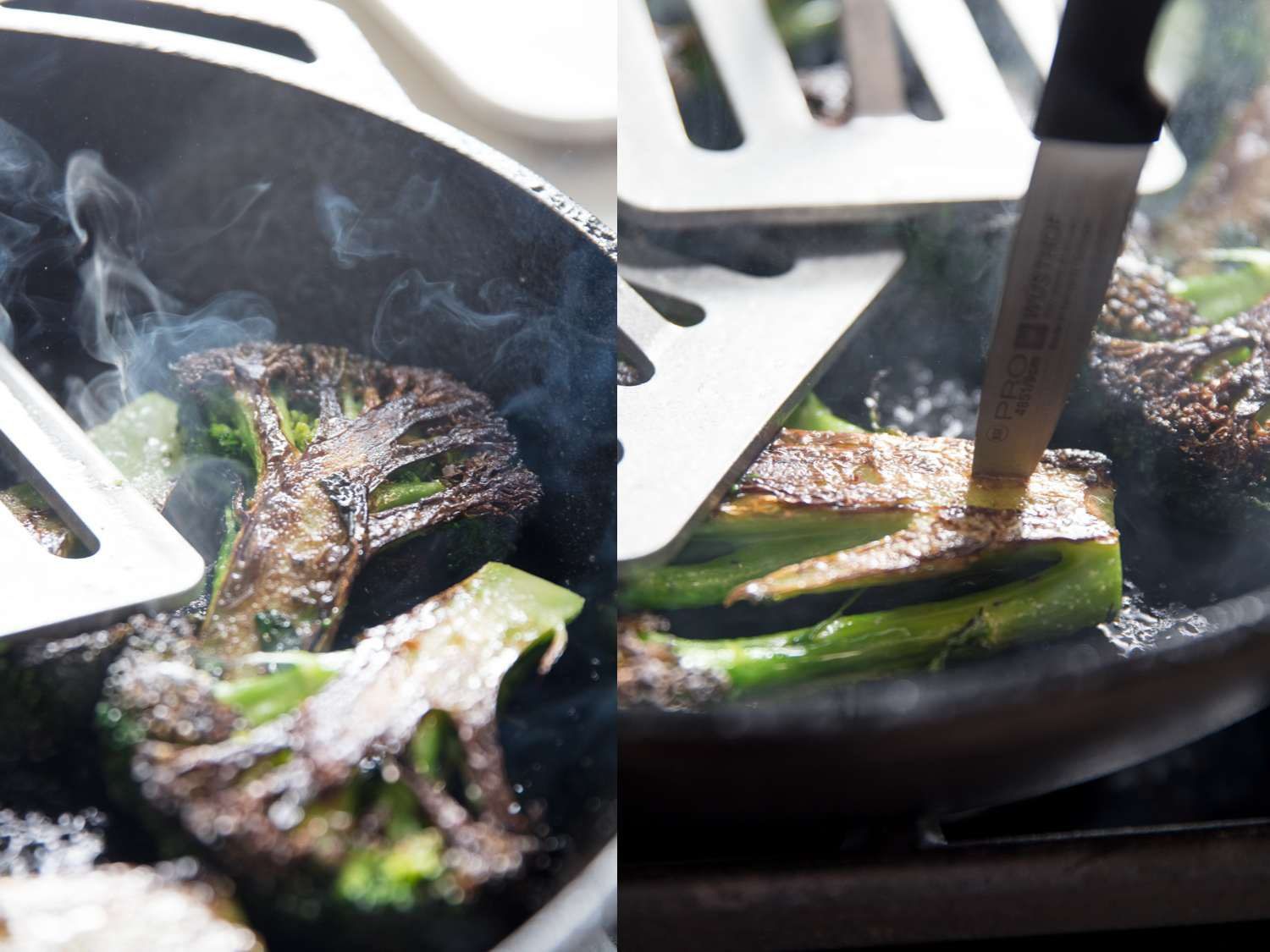Testing charred broccoli for doneness with a paring knife.
