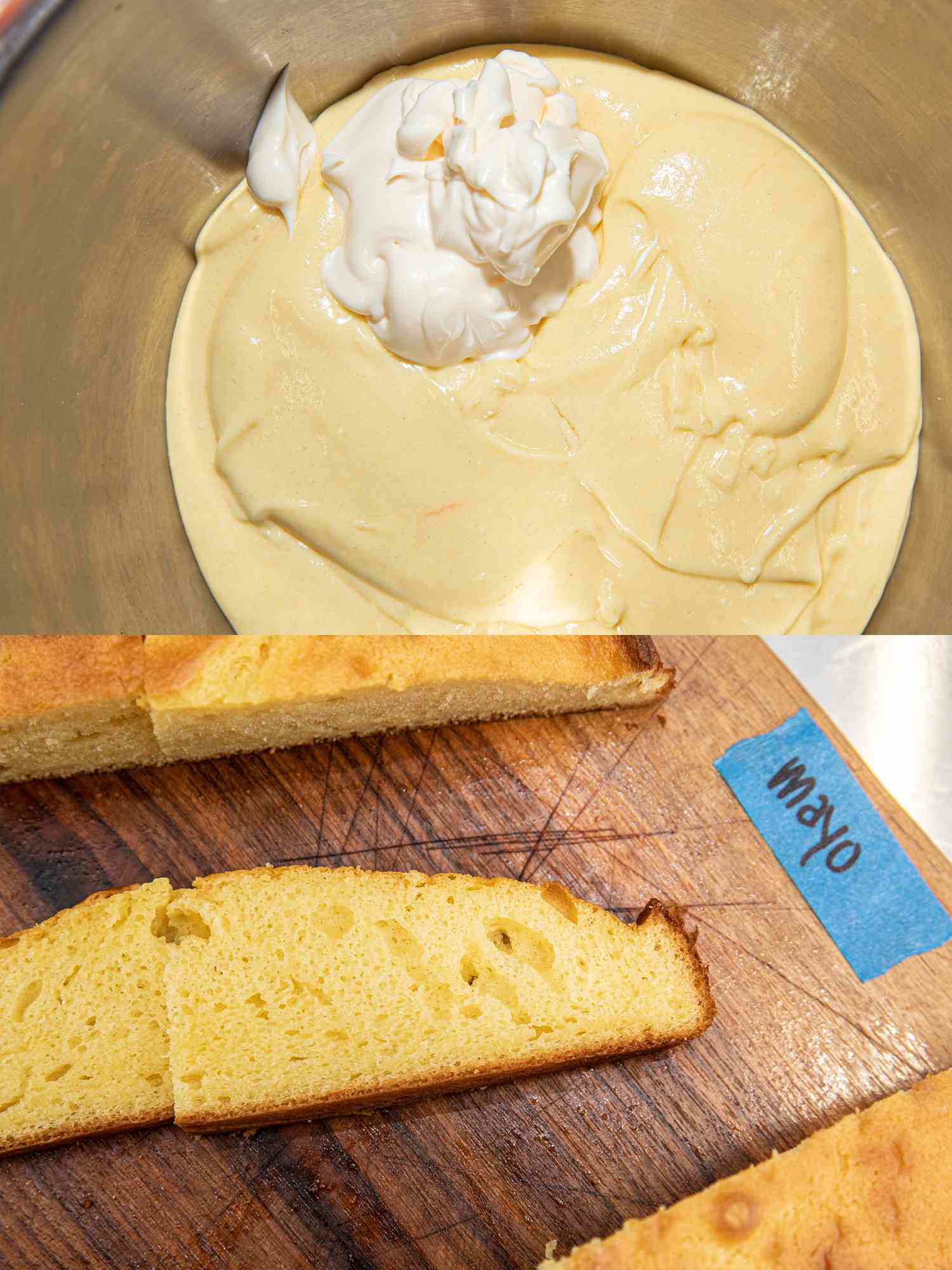 Two image collage of before and after adding mayo to cake batter