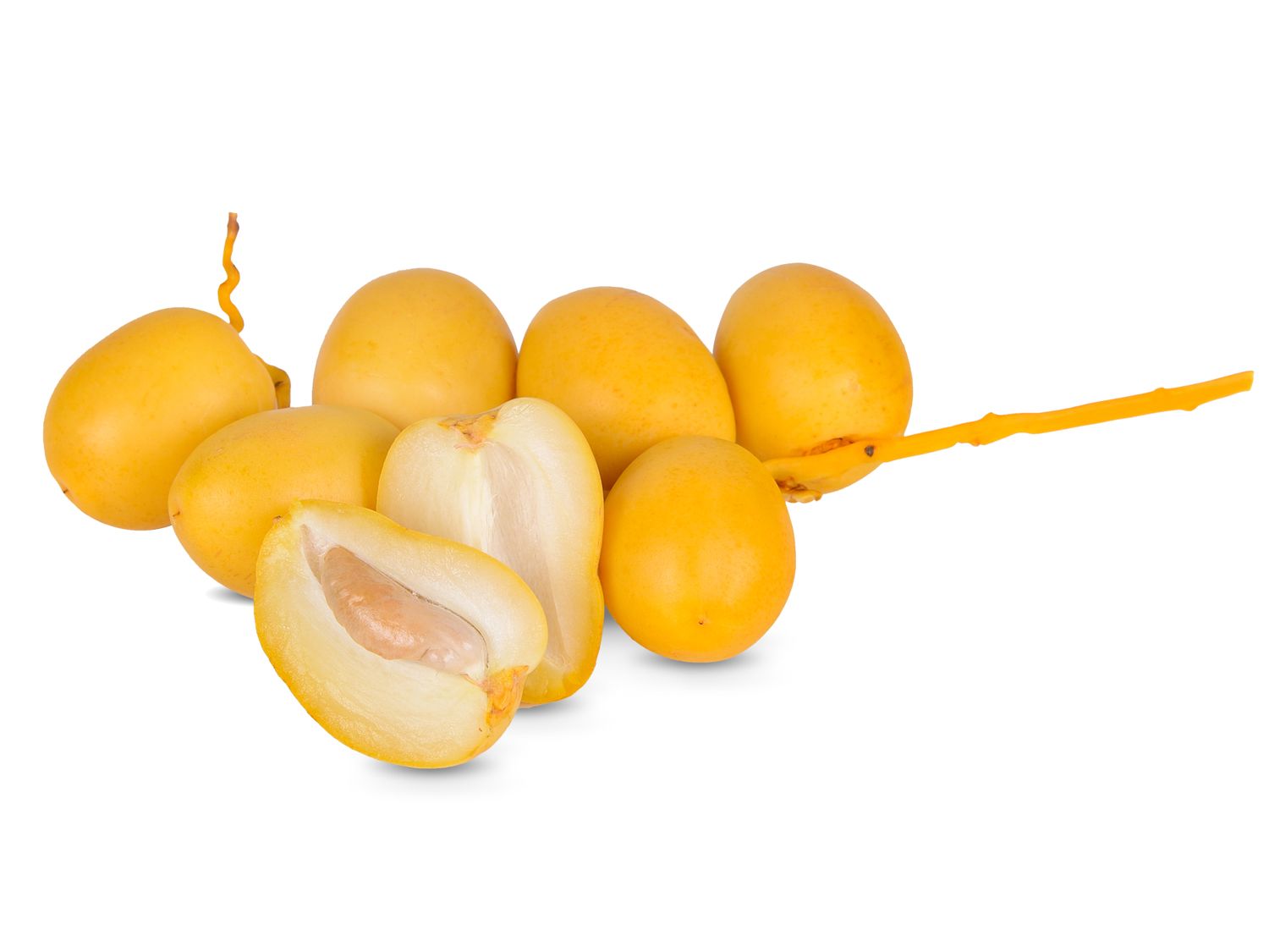 Dates in a cluster one cut open to show the inner seed