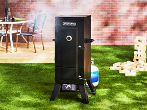 A staged shot of the Cuisinart COS-244 Vertical Propane Smoker