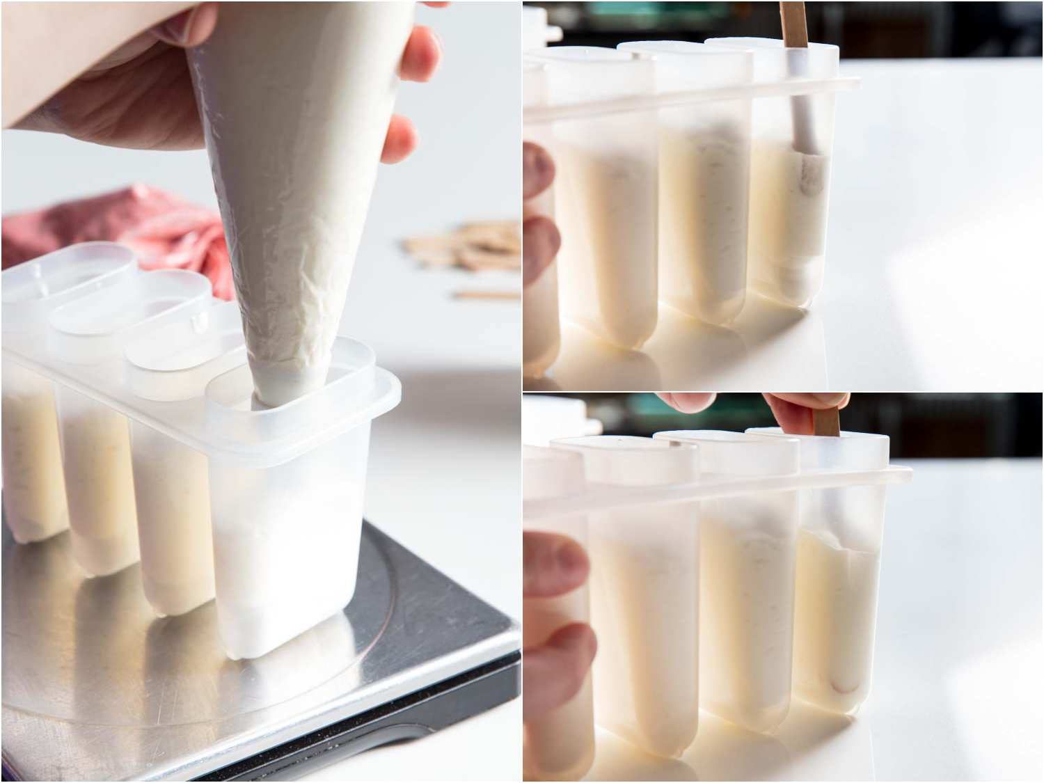 A three-image collage. The left image shows piping the ice cream filling into popsicle molds. The top right image shows inserting a popsicle stick into the mold. The bottom right image shows stirring the mixture in the mold with a popsicle stick.