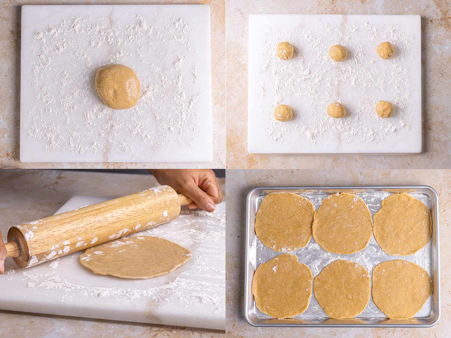Meat pie dough portioned into six balls and flattened into disks.