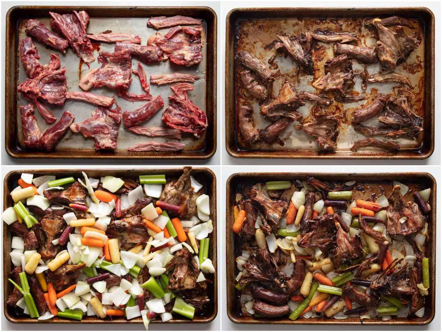 Photo collage of roasting duck bones and vegetables on a rimmed baking sheet for duck stock.
