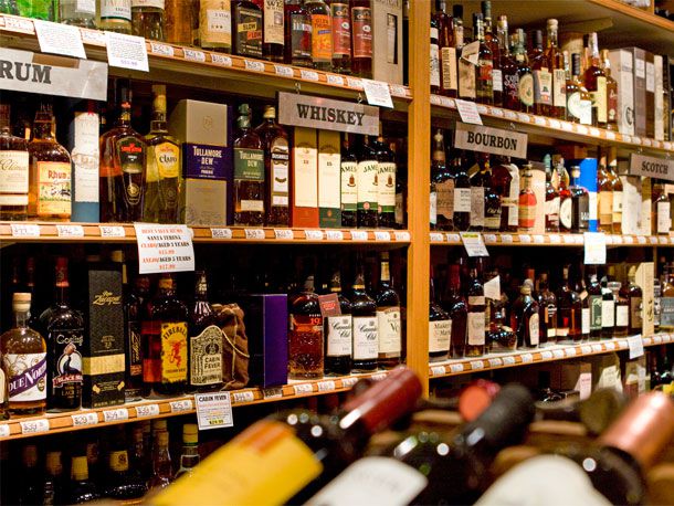 shelves in a liquor store 