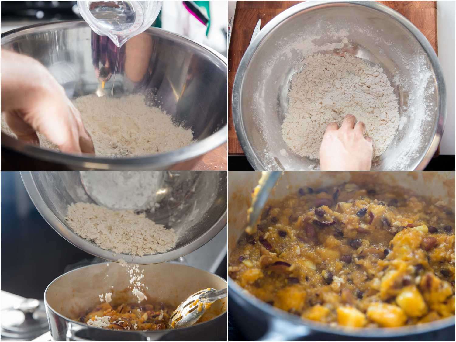 A 4-image collage: adding water to flour in a mixing bowl, using hands to combine the flour and water into a shaggy dough, adding the dough to the pot of porridge and stirring to combine. 