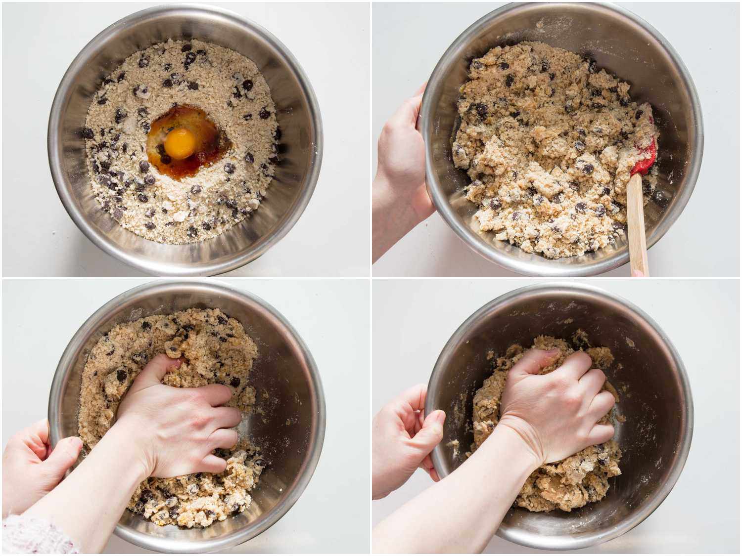 A 4-image collage of eggs and vanilla being added into chocolate chip cookie dry mix, combined with a spatula, and using a hand to knead the dough.