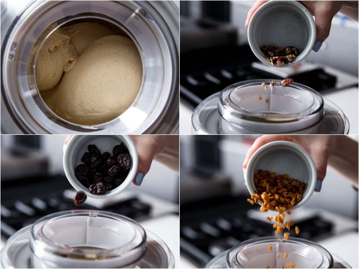 A collage of four images showing oatmeal cookie ice cream churning and incorporating nuts, dried fruits and oats into the mixture as it's churning.