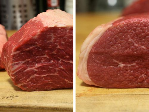 A two-mage collage showing the cross-section of two different boneless beef roasts. The one on the left has significantly more marbling than the one on the right.
