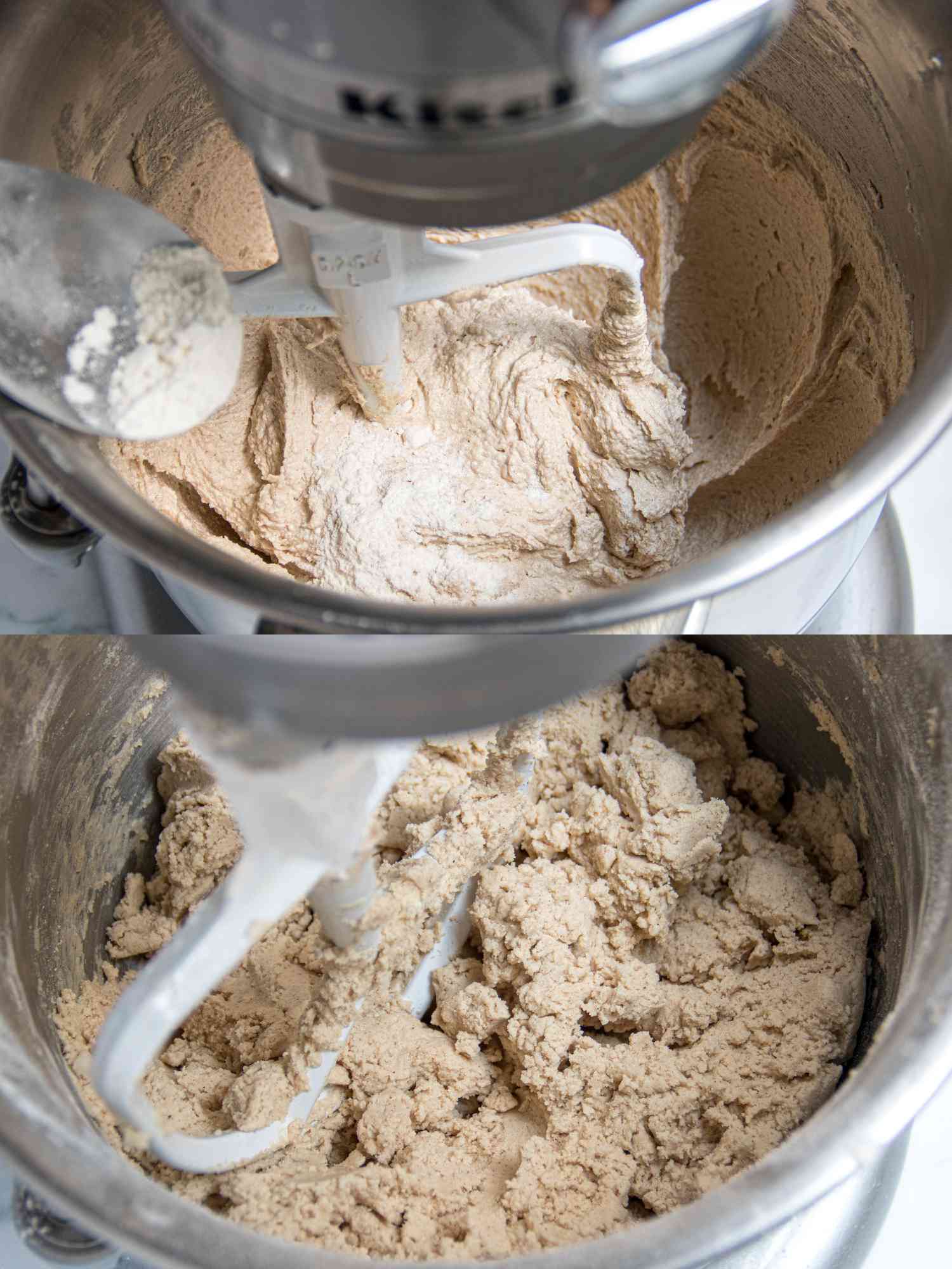 2 image Collage. Top: Butter, brown sugar, sugar, and cinnamon creamed together in mixing bowl. Bottom: Flour added into mixture, looking clumpy 