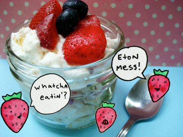 A small jar of Eton Mess with strawberries and blueberries. 