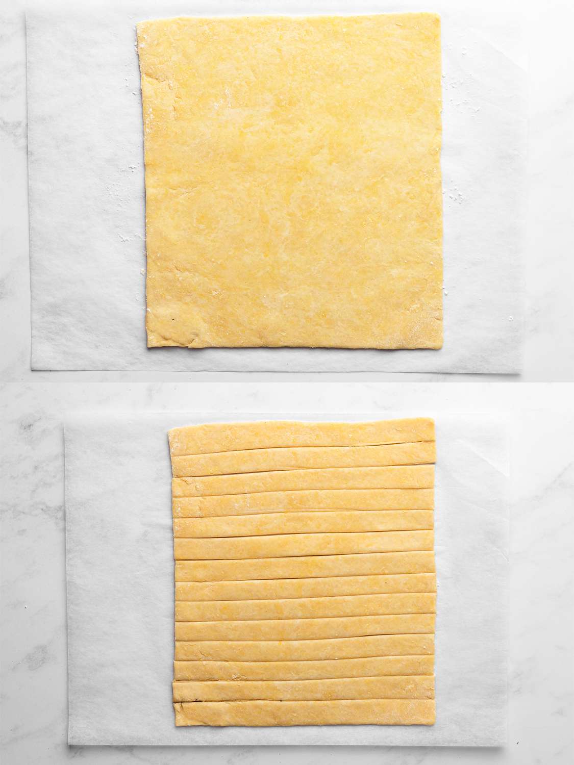 A vertical two-image collage. The top image shows a square of the dough rolled out on parchment paper. The bottom image shows the same dough but cut into strips.