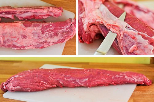 A photo collage showing how to trim a beef tenderloin.