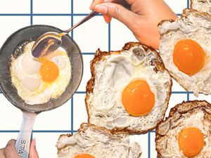 Crispy eggs fried in a pan.