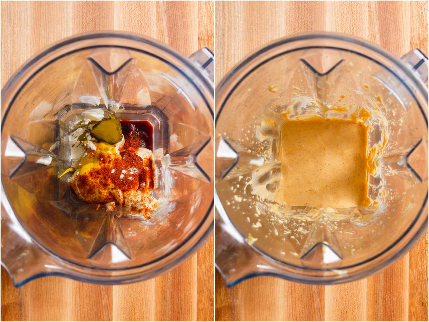 collage: before and after of blending sauce for Shack Burger