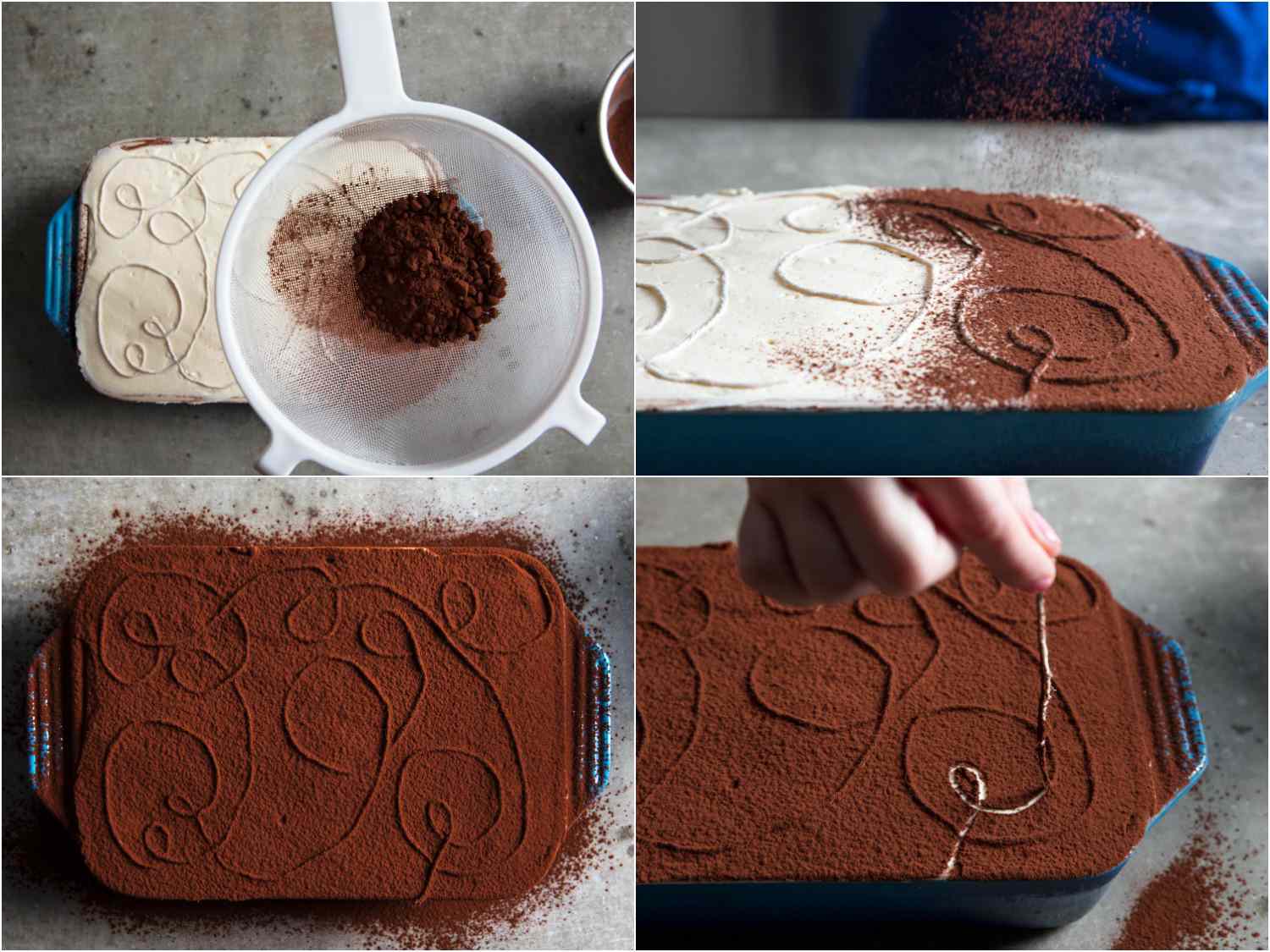A collage of four photos showing how to make an abstract doodle design in the top of the tiramisu with string and cocoa powder 
