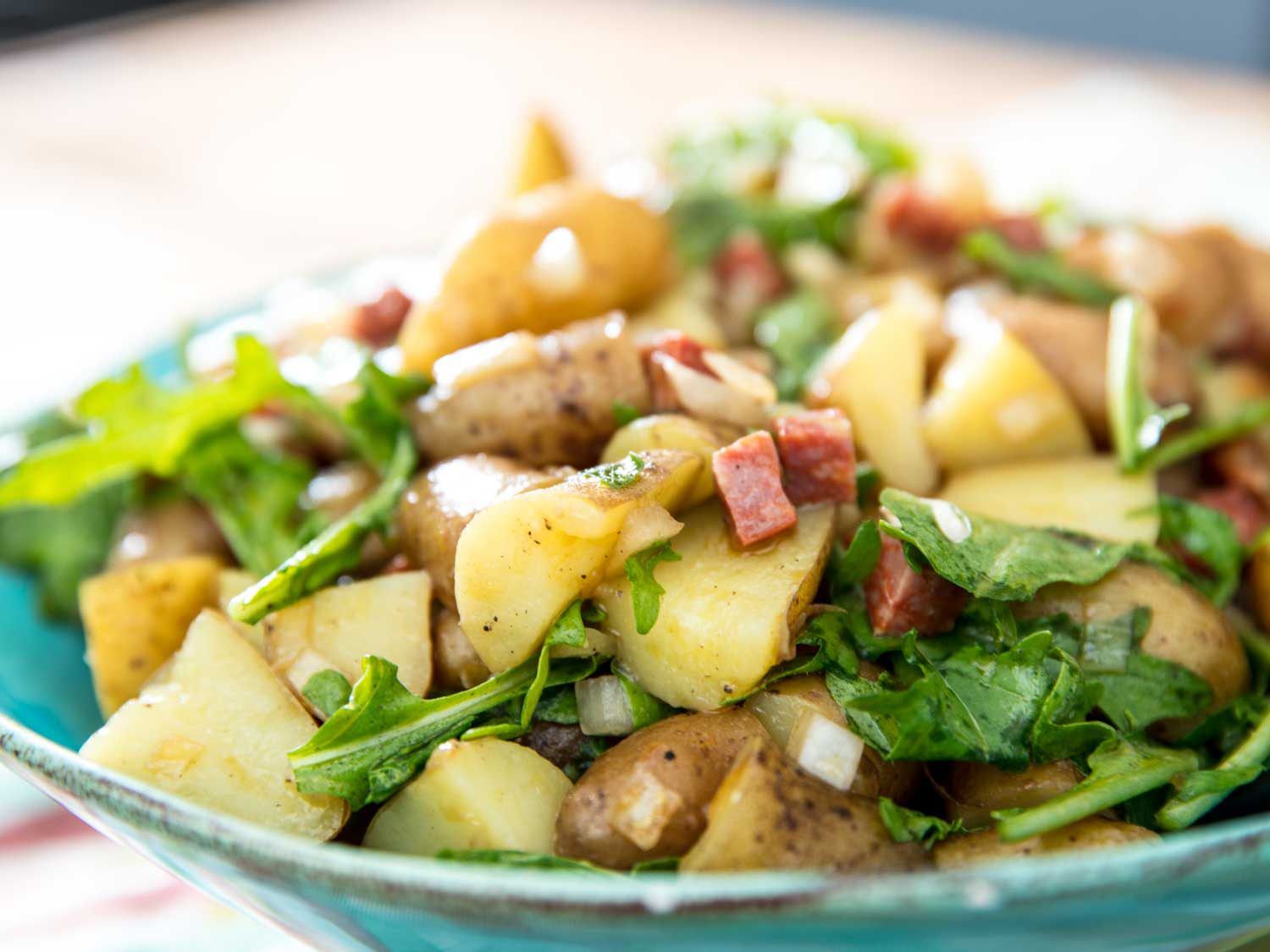 Beauty shot of chorizo and potato salad.
