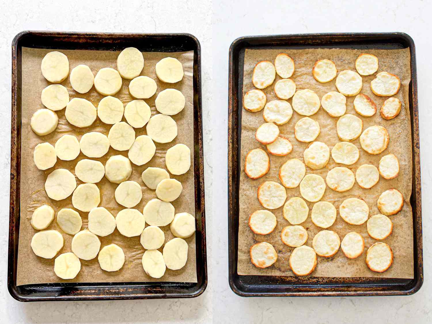 Two Image collage. Left: Uncooked potato slices on a sheet pan. Right: Roasted potato slices on a sheet pan