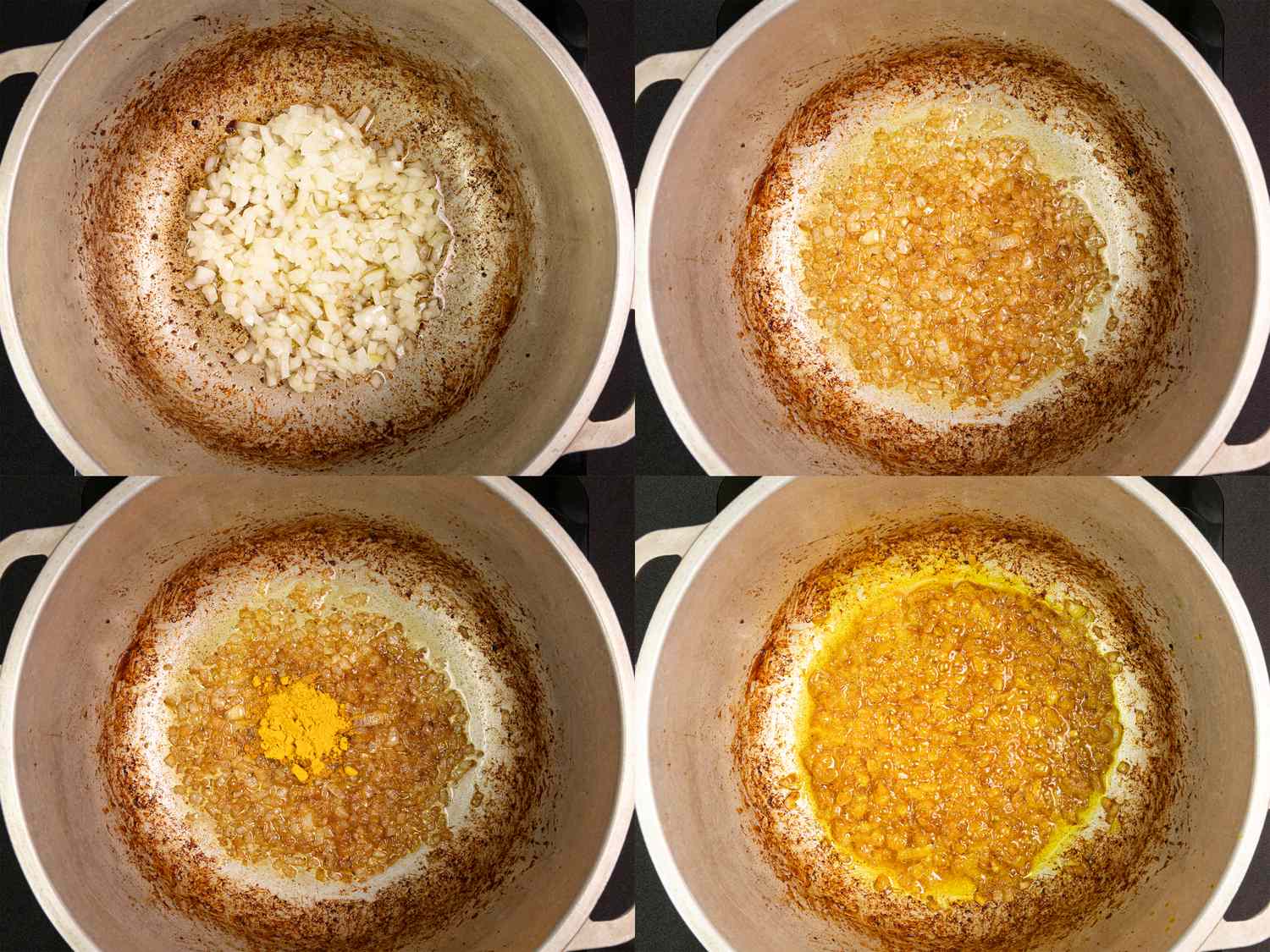 Fourstep cooking process for onions in a pot