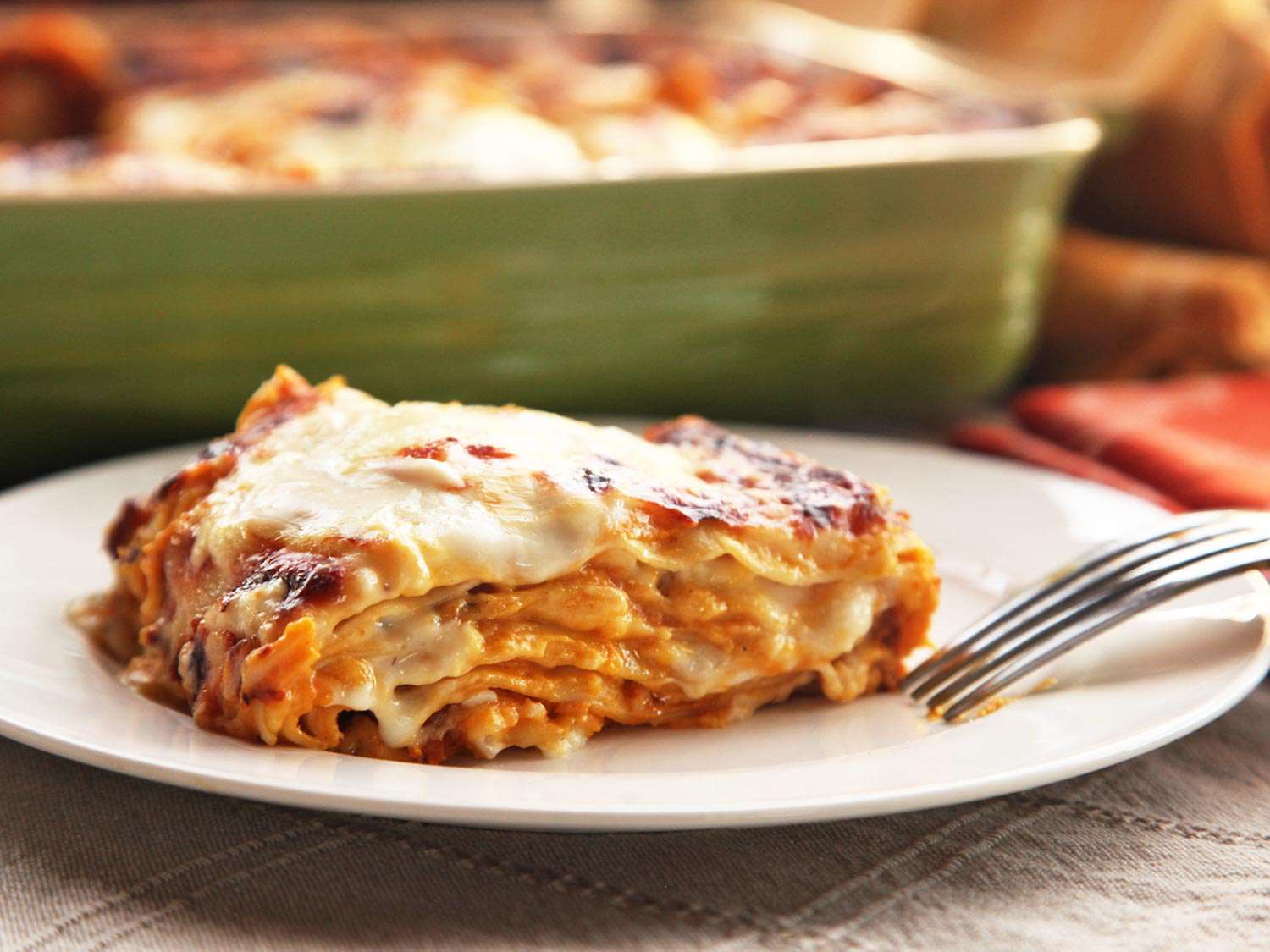 Side view of a portion of squash lasagna plated 