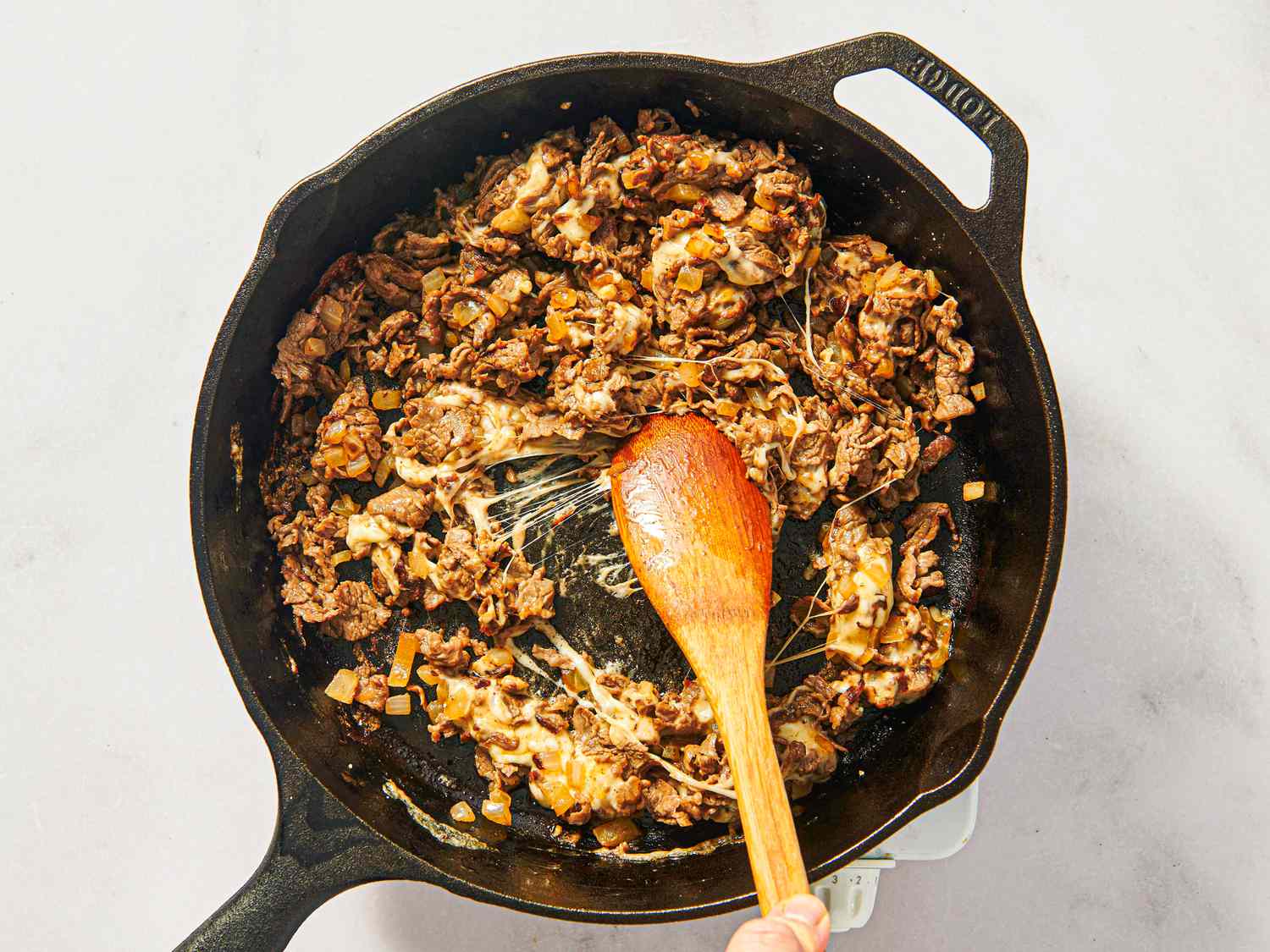 Overhead of cheesesteak filling