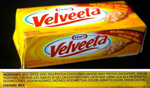 Velveeta packaging showing the ingredient list.