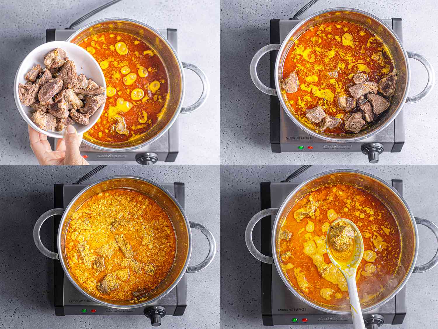 Cooked beef and stock forming curds for egusi soup.