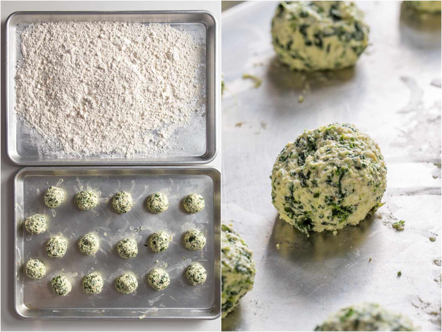 gnudi formed into balls on a baking sheet with another sheet covered in flour next to it