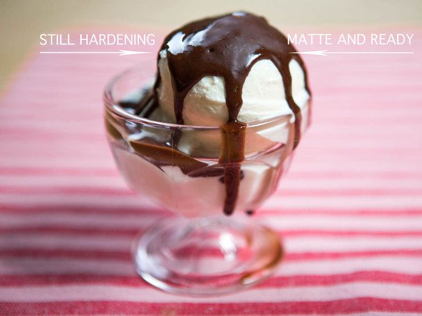 A bowl of ice cream covered in chocolate dip. The left "slope" is still shiny and moist looking; the right slope is not as shiny. The left side is labeled "still hardening;" the right side is labeled "matte and ready."