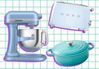 Kitchen appliances including a stand mixer, toaster, and dutch oven on a gridded background