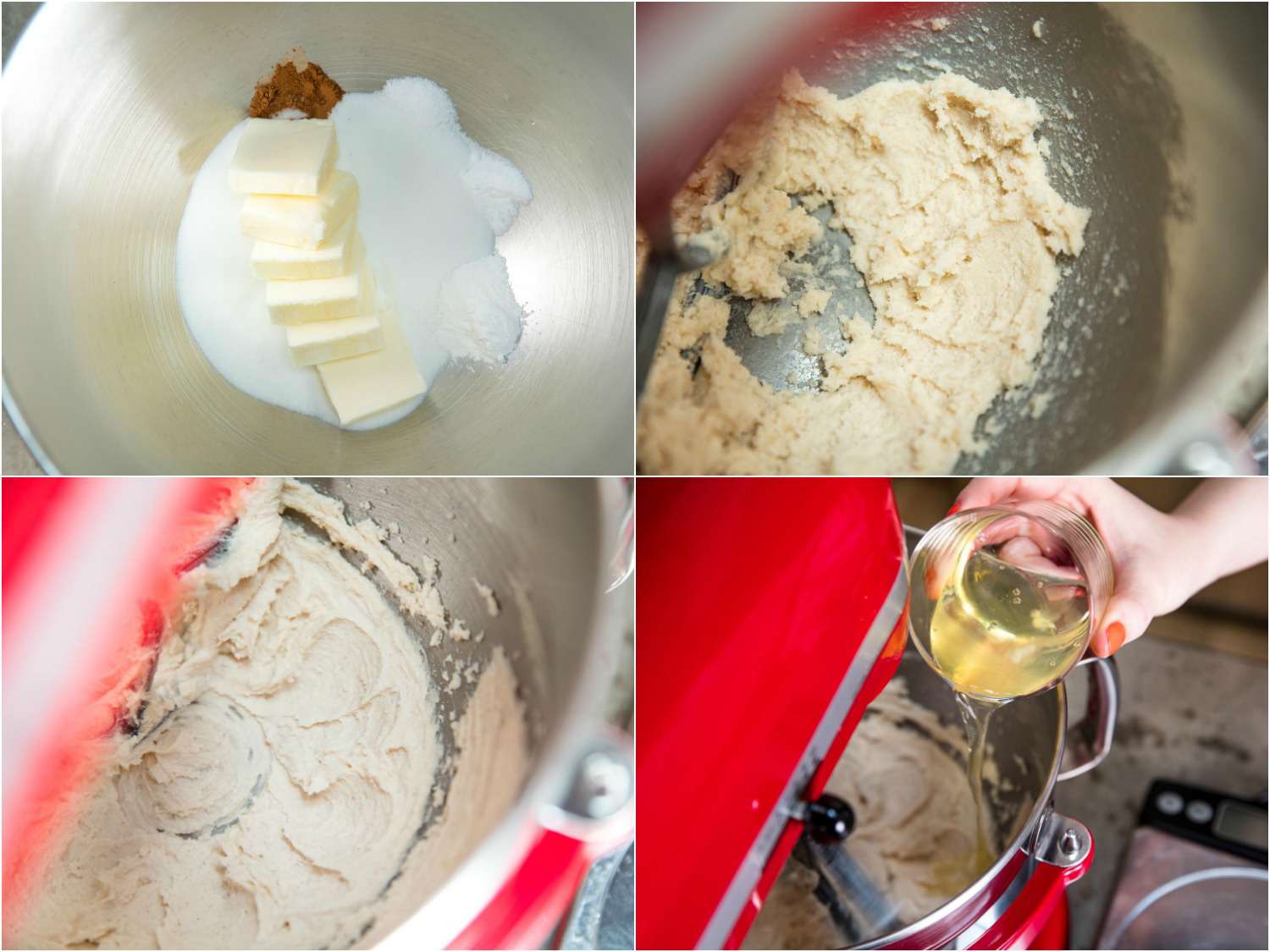 Collage showing four stages of making base batter for blackberry cake: creaming butter, sugar, and cinnamon in a stand mixer bowl, then adding egg whites