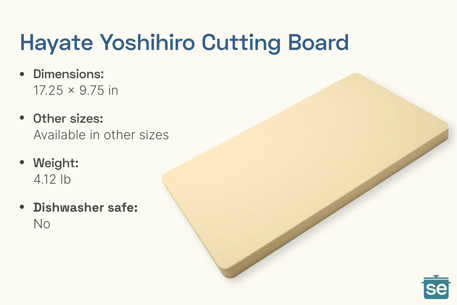 Hayate Yoshihiro cutting board rectangular with product details including dimensions weight and dishwasher safety status