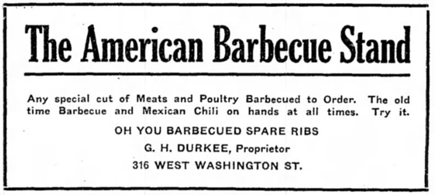 1916 ad from The American Barbecue Stand in Phoenix, Arizona, an early seller of barbecued spare ribs.