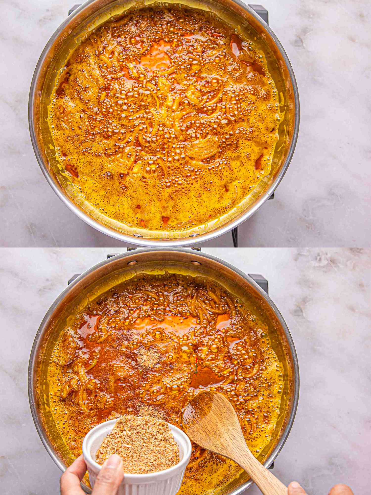 Two image collage of onions cooking in palm oil and crawfish being added