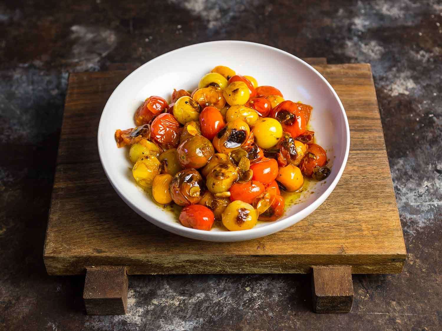 Overhead view of bowl of cherry tomatoes on a