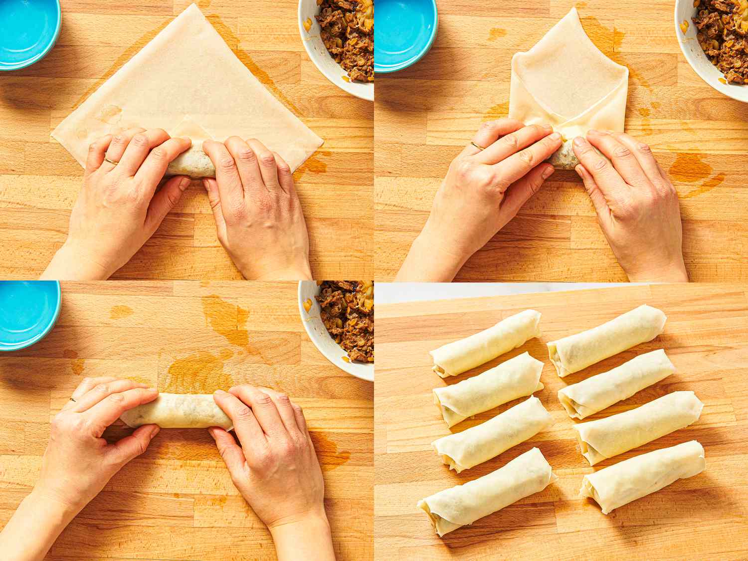 Four image collage of rolling cheesesteak eggrolls