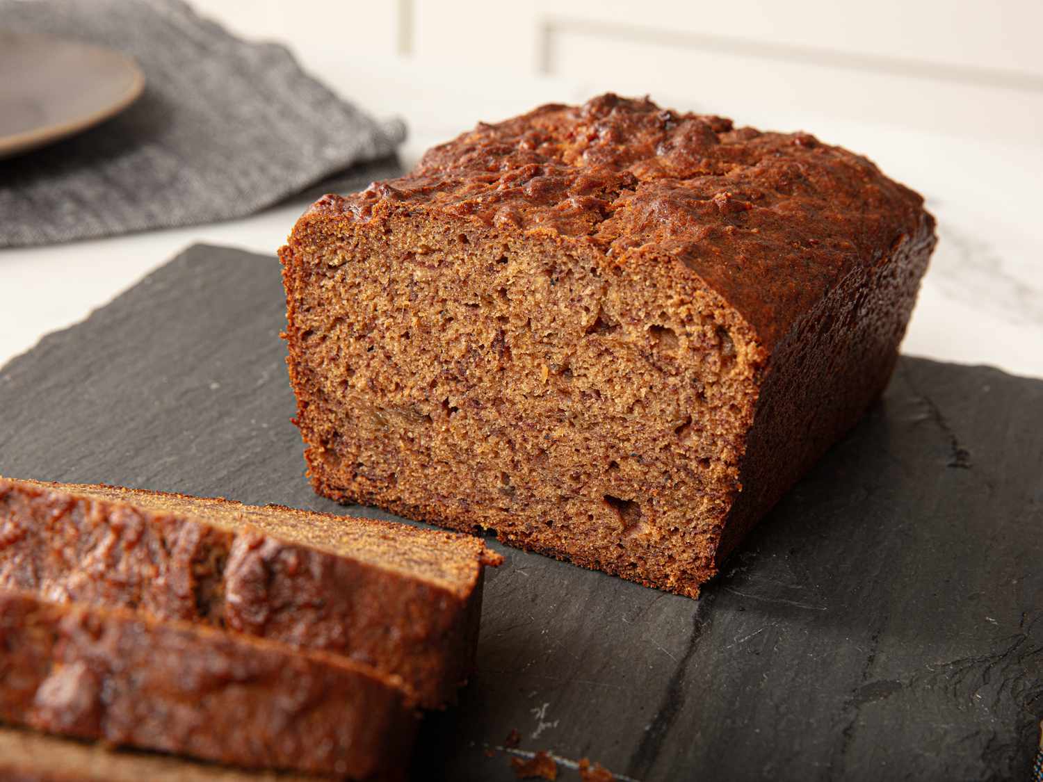 Side view of banana bread loag