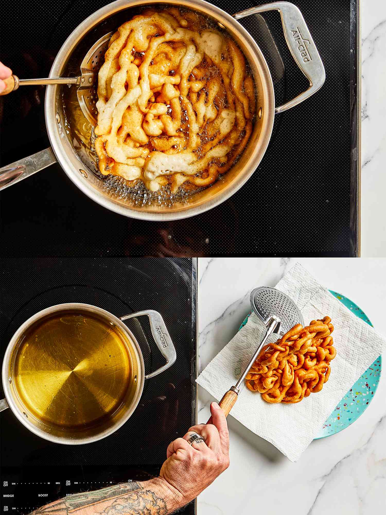 Tow image collage of flipping funnel cake and transferring to papertowl