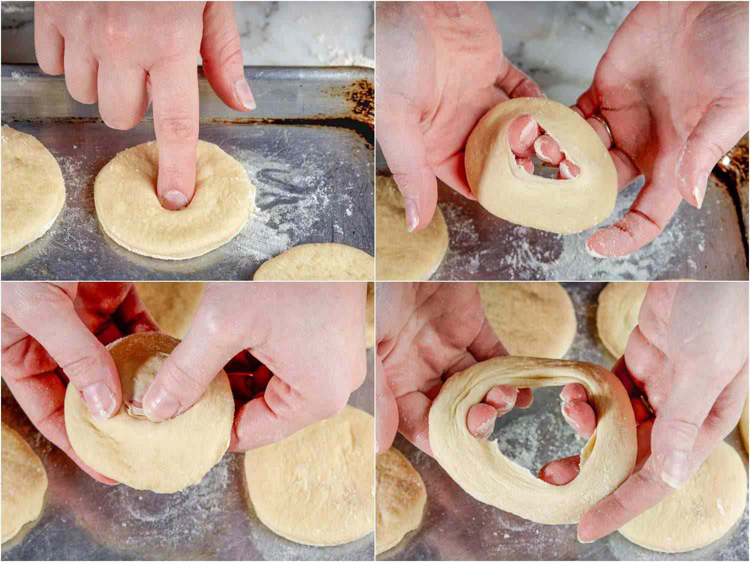 Poking a hole in the rounds of dough and stretching to make hand-formed rings