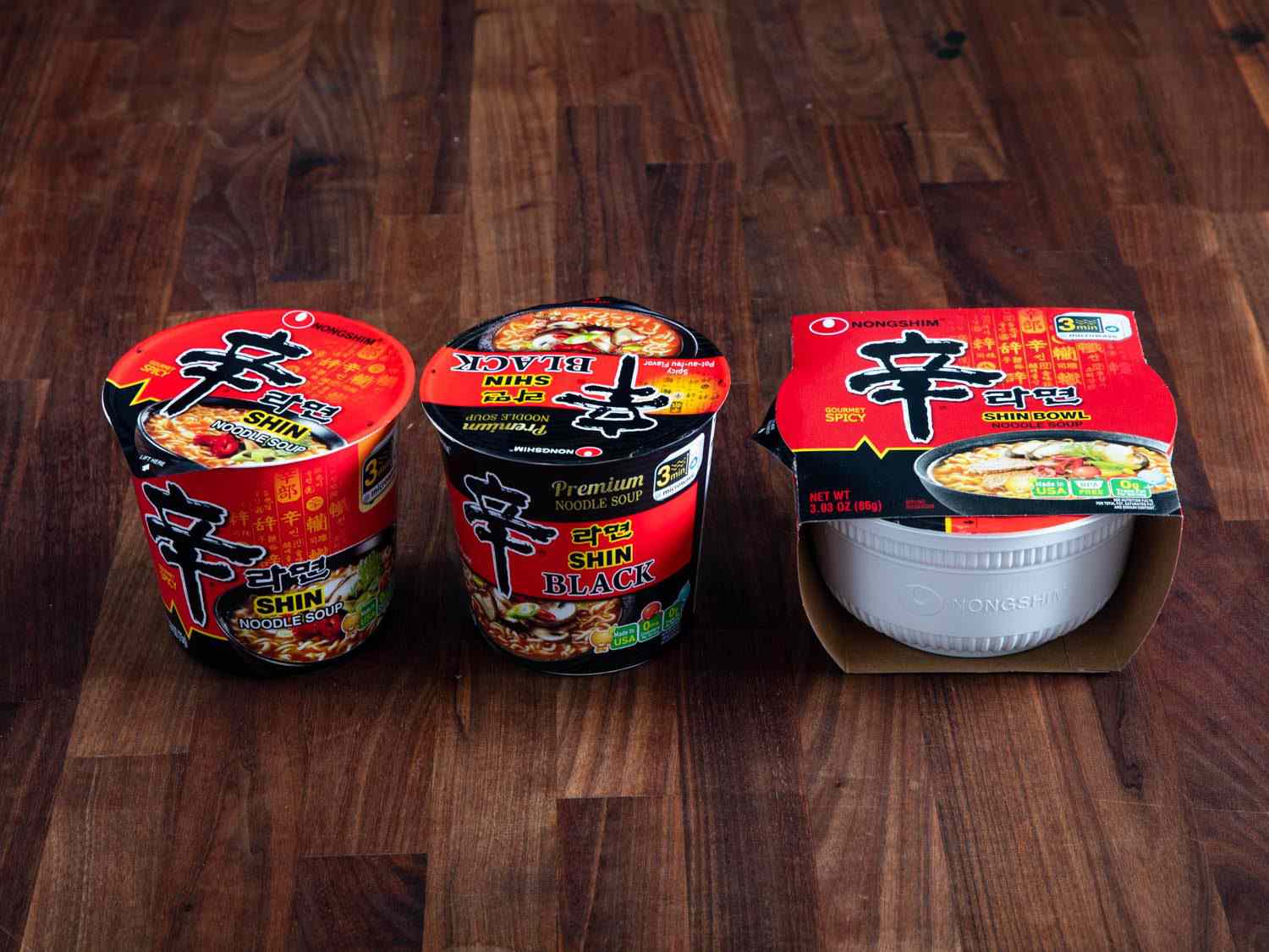From left to right, Shin Ramyun convenience products: Shin Ramyun Cup Noodle, Shin Ramyun Black Cup Noodle, Shin Ramyun Bowl.