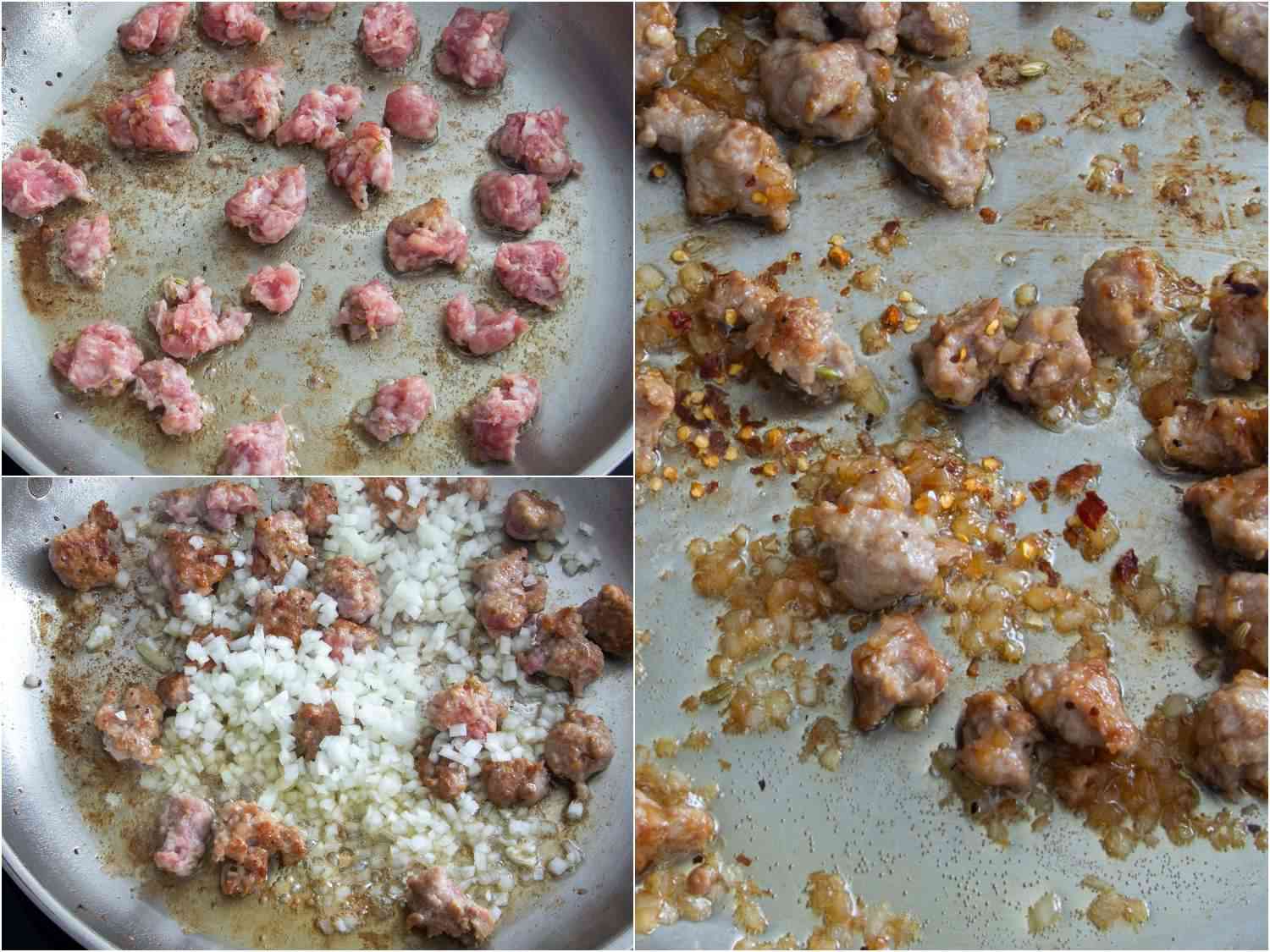 A three image collage. The top left shows chunks of sausage cooking in a pan. The bottom left shows chopped onions being added to the pan. The right shows the sausage and onions browning in the pan. 