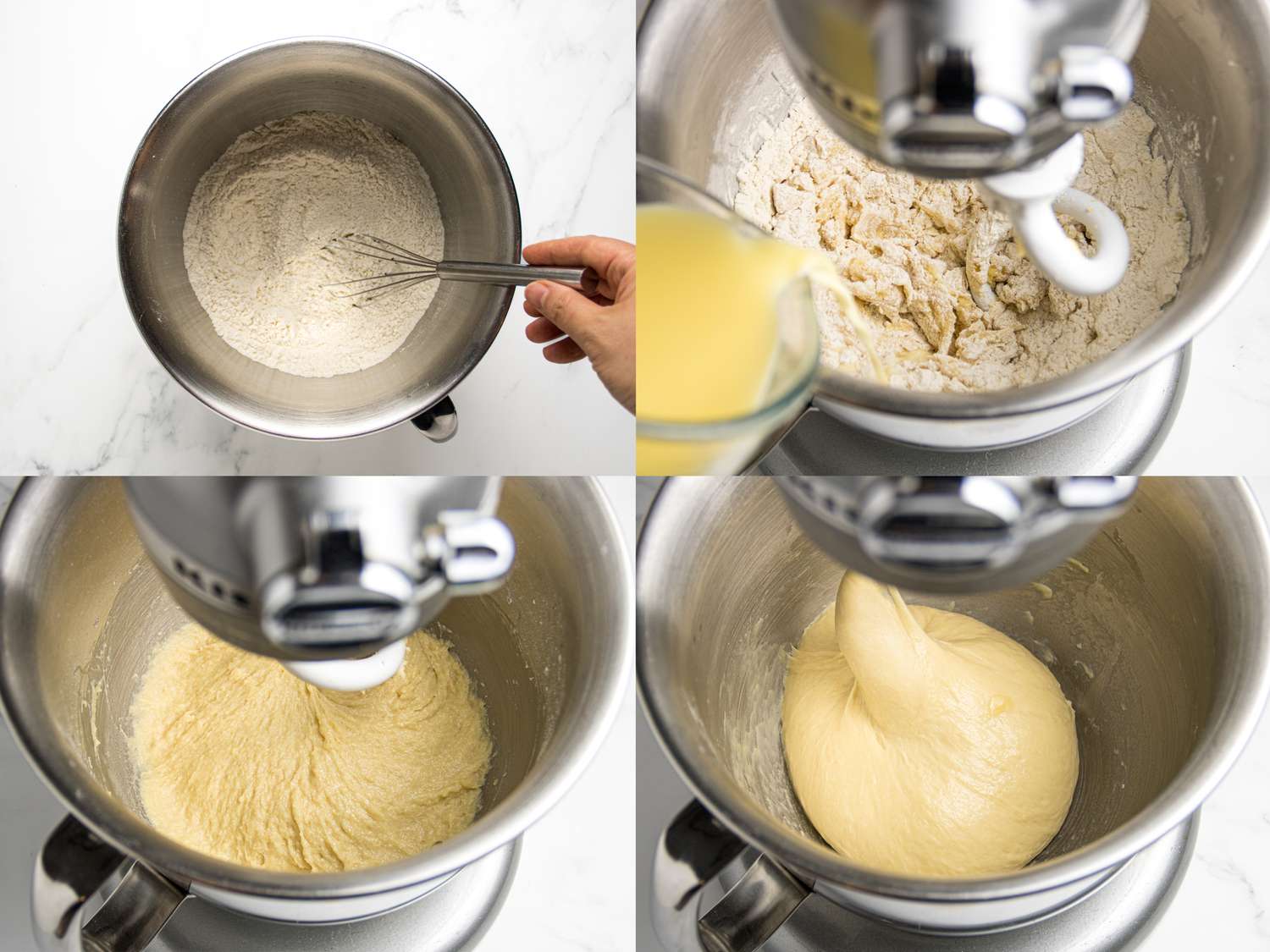 4 image collage. Top left: whisking dry ingredients together in a bowl. Top Right: adding liquid mixture to dry ingredients in stand mixer. Bottom left: mixing ingredients in stand mixer. Bottom Right: Dough fully combined in stand mixture. 