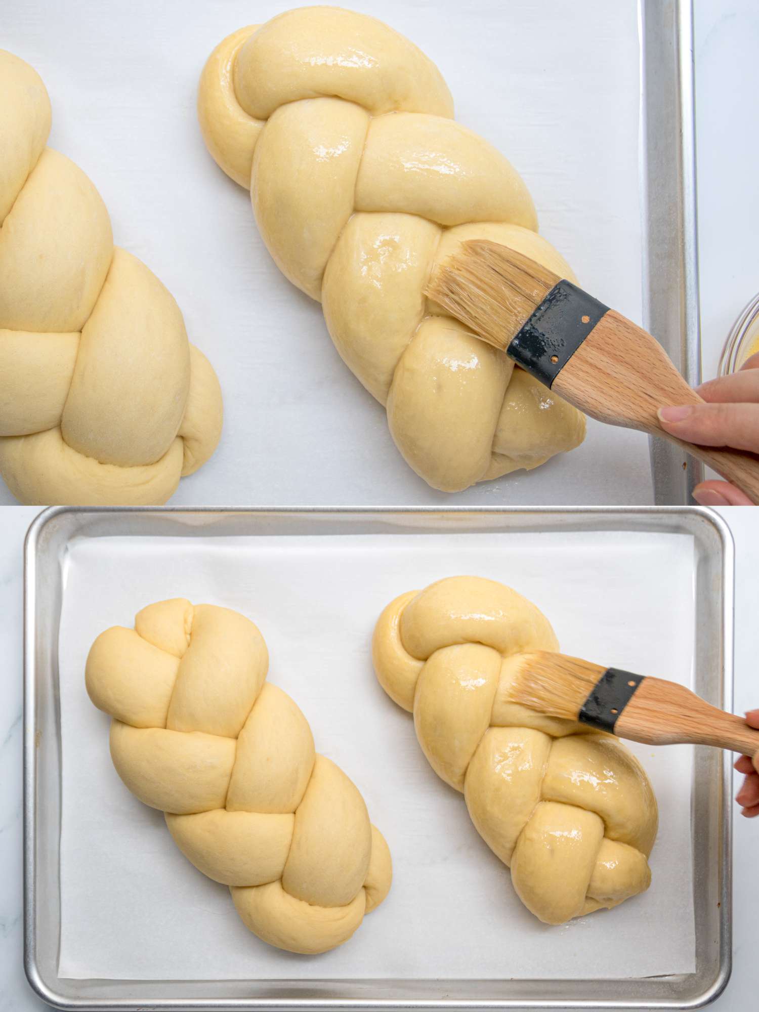2 image Collage. Top: Brushing loaves with eggs wash. Bottom: brushing second coat of egg wash 