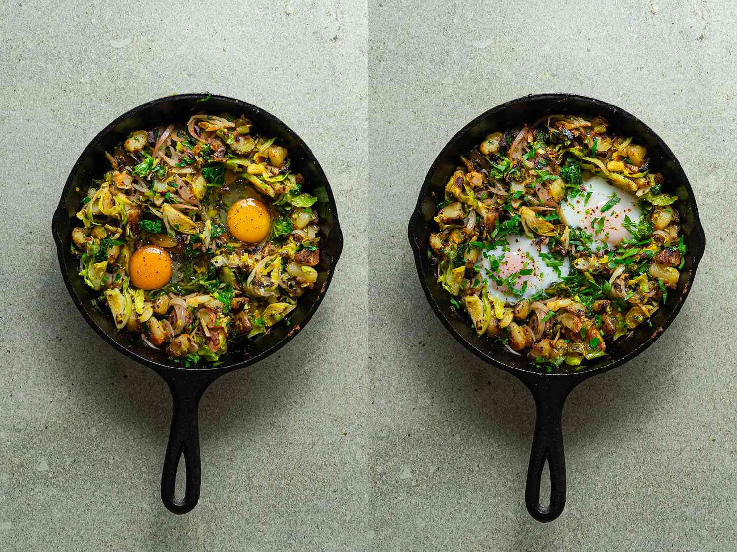 Two eggs added to the hash, then finished in the oven for cooked eggs