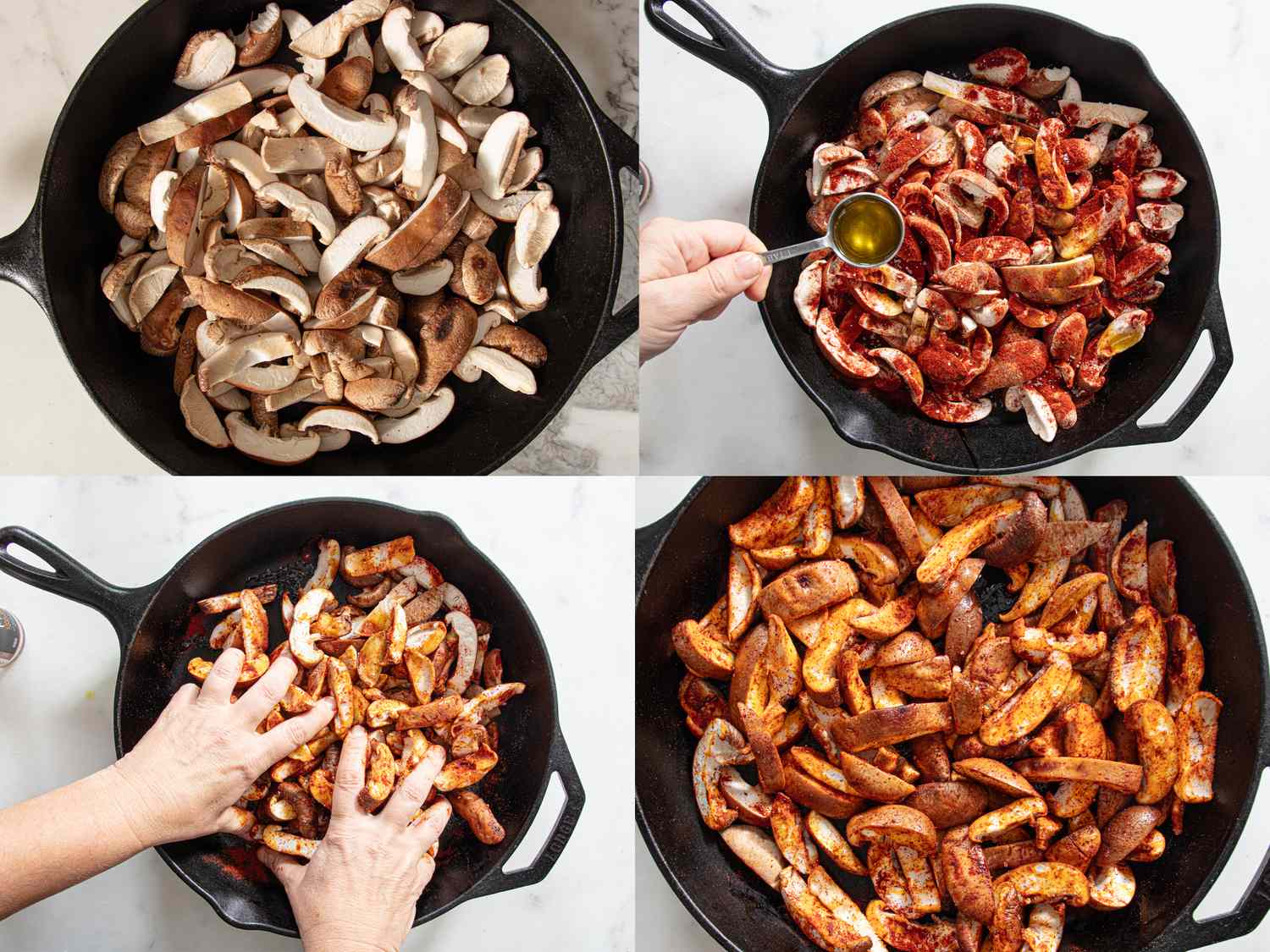 Steps of preparing roasted shiitake mushrooms in a skillet showing raw mushrooms applying oil and spices mixing and cooking